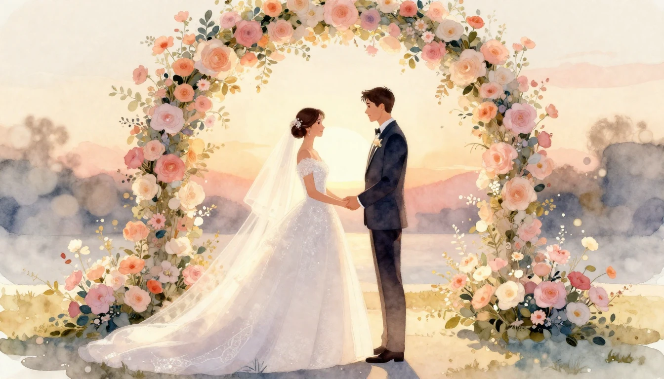 A romantic watercolor painting of a wedding scene. A bride i...