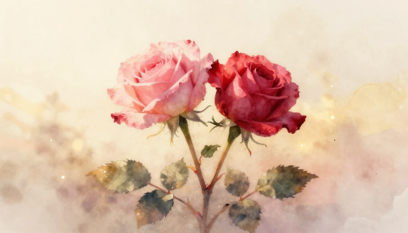 A delicate watercolor painting of two intertwined rose stems...