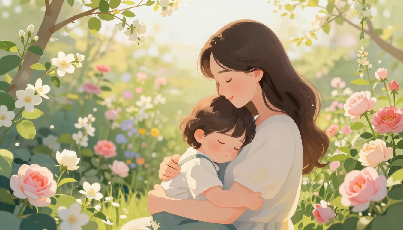 A heartwarming and tender illustration featuring a mother em...