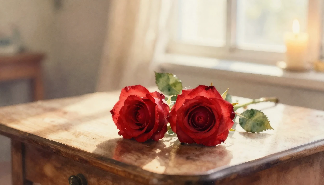 A delicate watercolor painting of two intertwined red roses ...