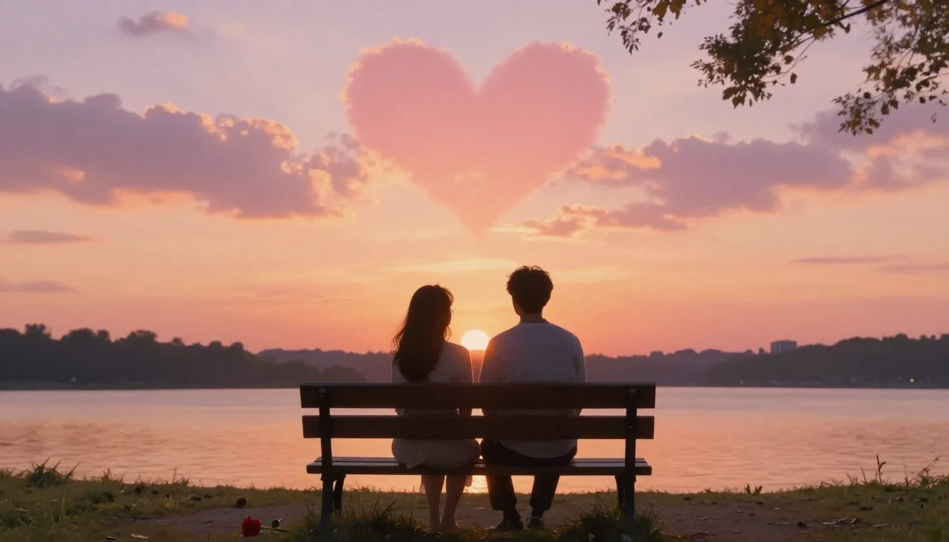 A romantic and dreamy scene featuring two silhouettes sittin...