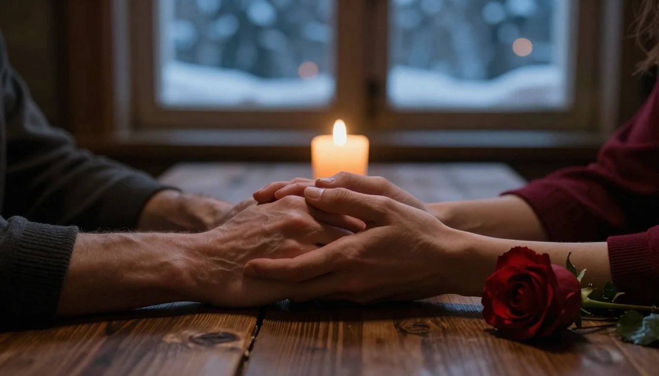 A cinematic close-up shot of two hands gently holding each o...