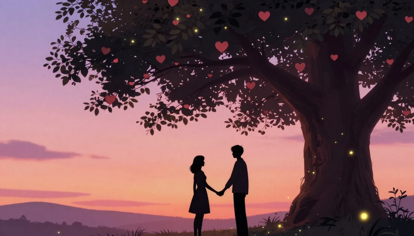 A romantic and dreamy scene featuring two silhouettes holdin...