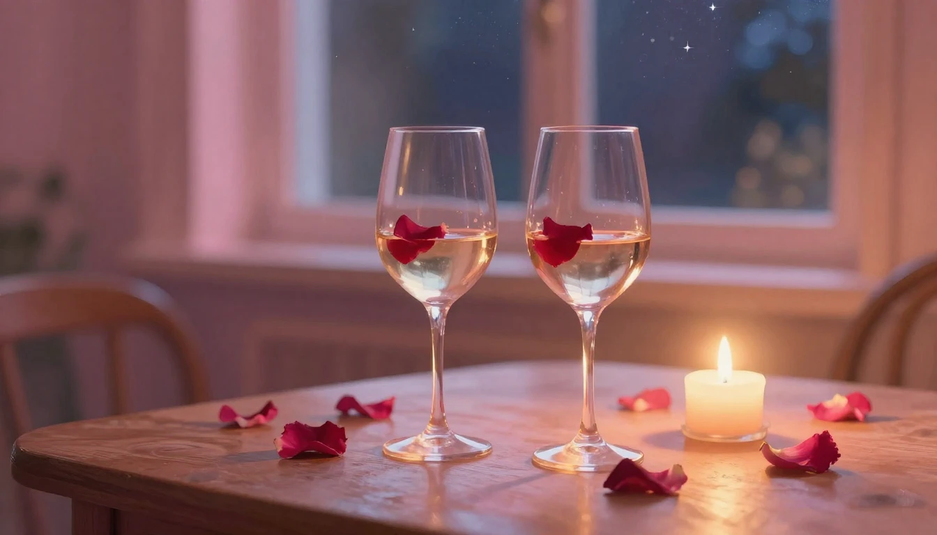 A dreamy and romantic scene featuring two elegant wine glass...