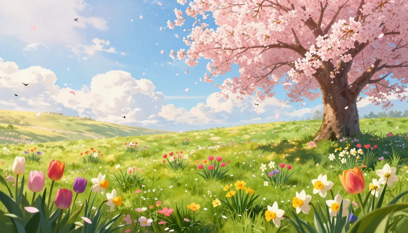 A vibrant and joyful spring landscape, a lush green meadow f...