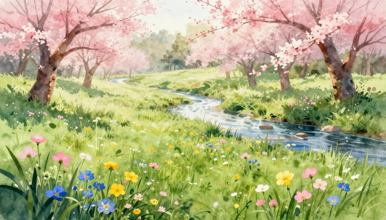 A breathtaking watercolor painting of a lush meadow at dawn....