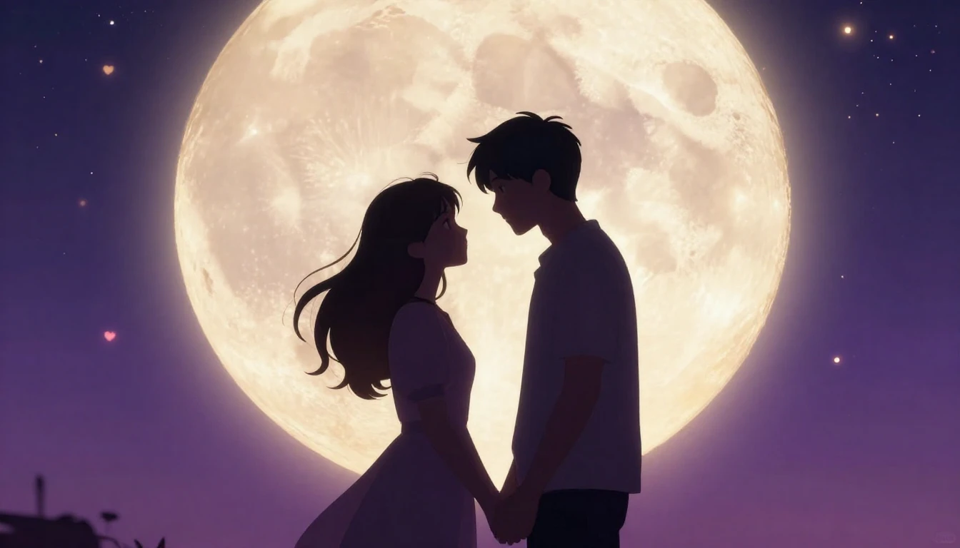 A romantic and dreamy illustration of a couple silhouetted a...