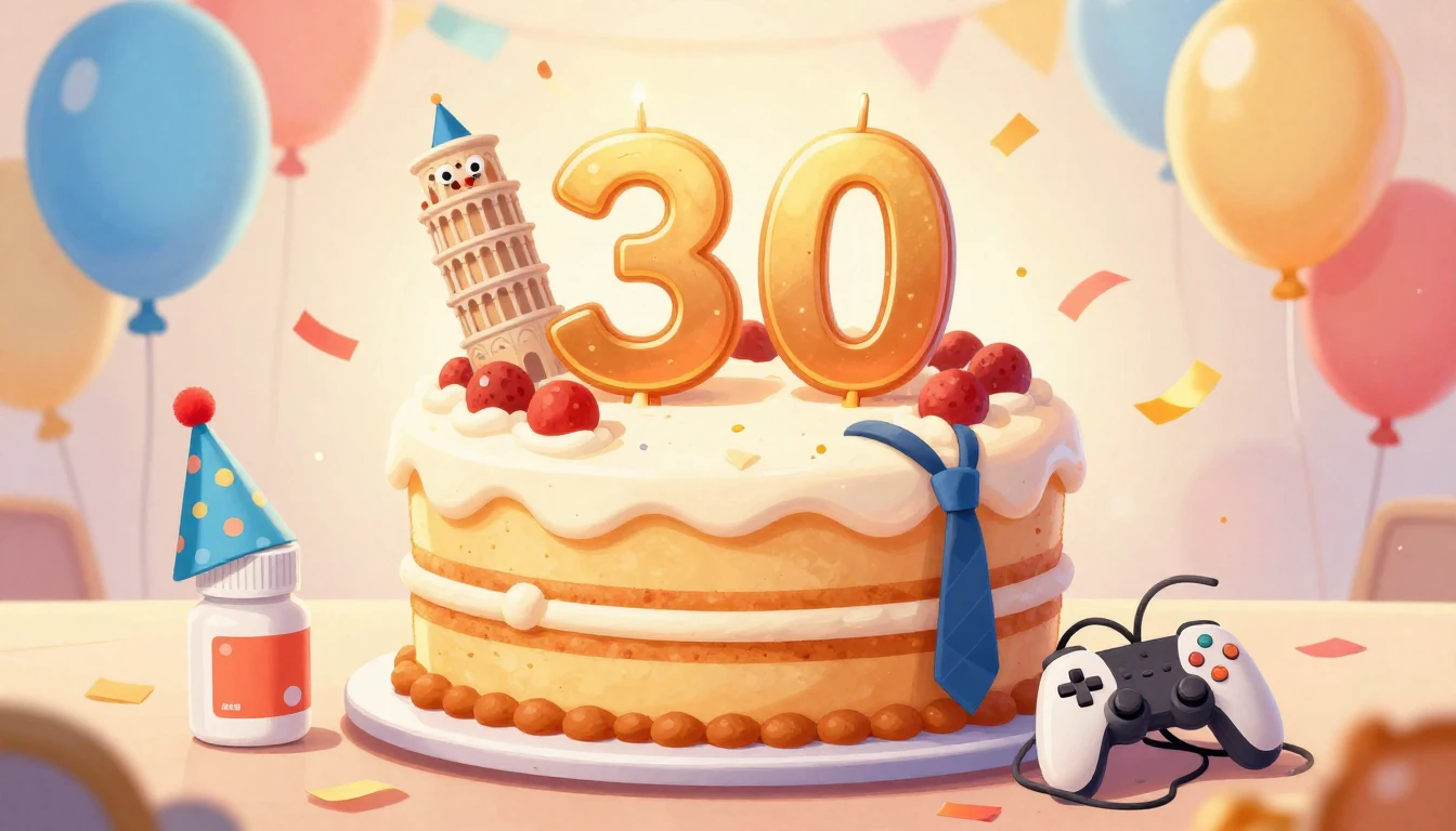 A humorous and colorful birthday illustration featuring a bi...