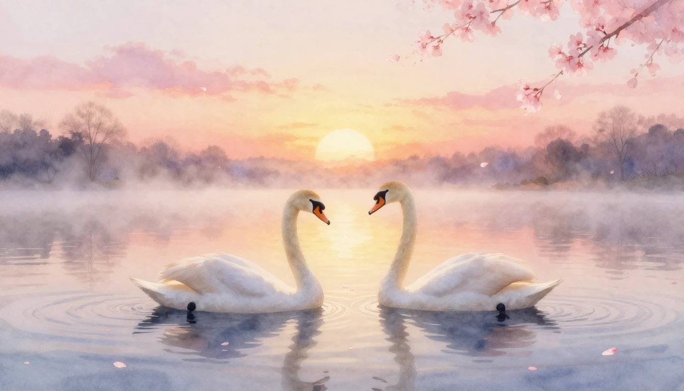A soft watercolor painting of two elegant swans gliding on a...