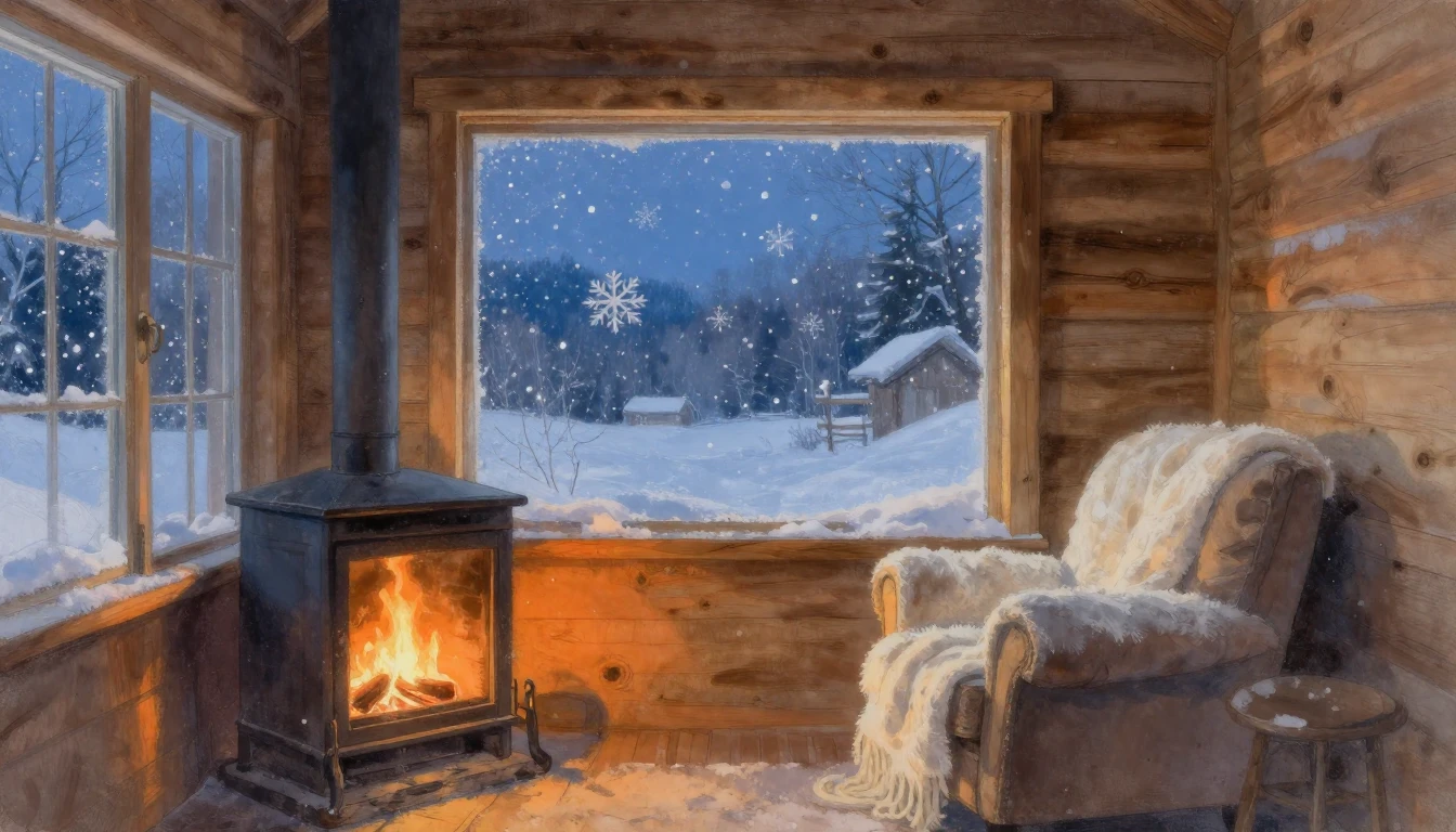 A cozy wooden cabin interior during a snowy evening. Through...
