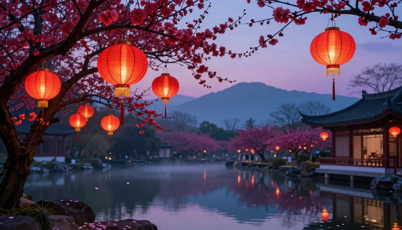A serene landscape of a traditional East Asian garden at dus...