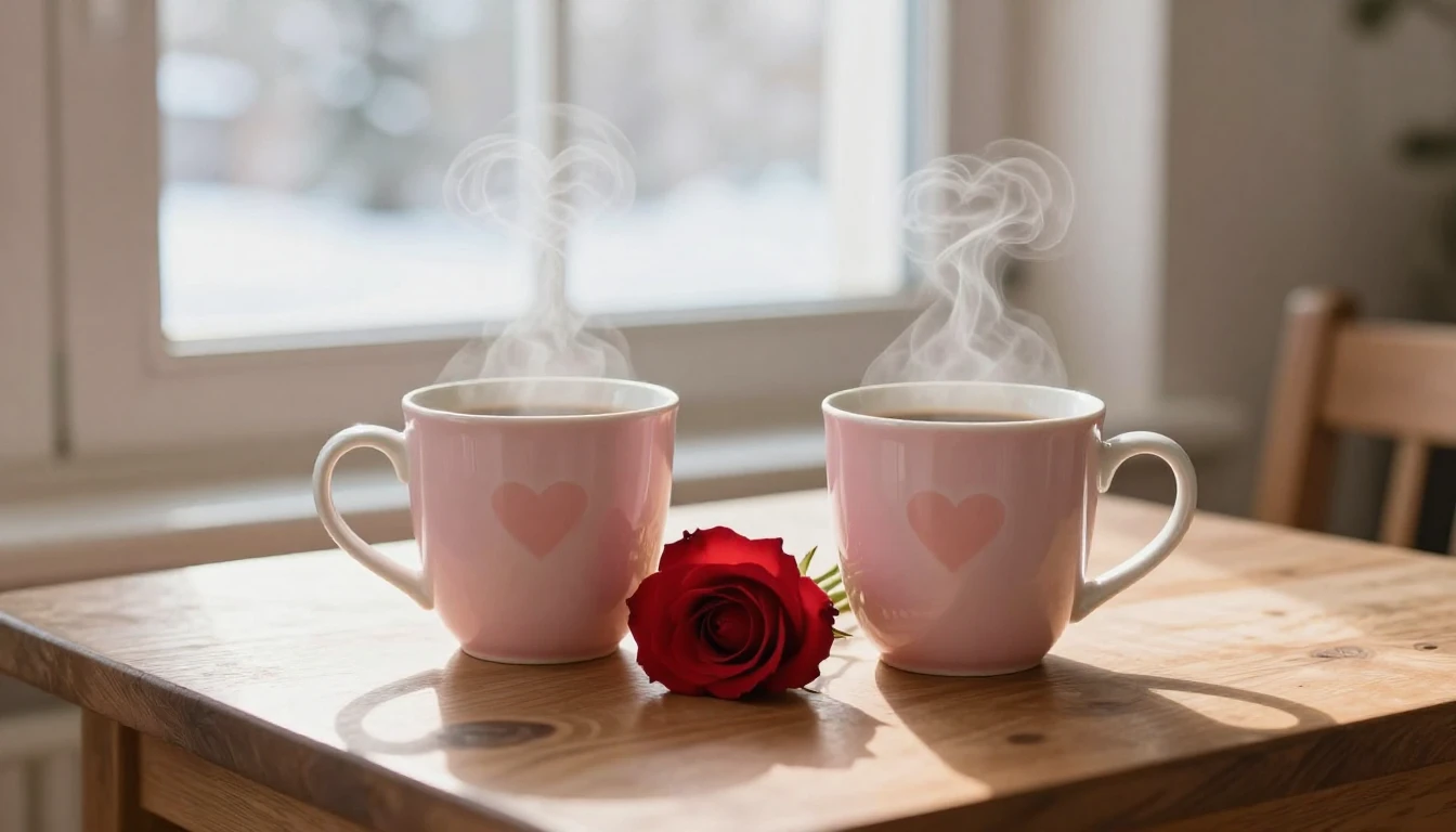 A soft and romantic composition depicting a cozy wooden tabl...