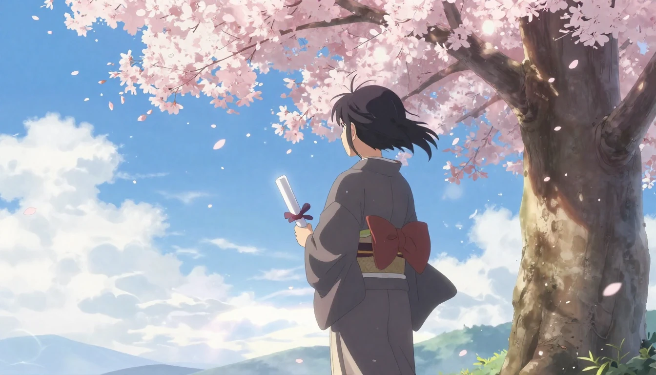 A cinematic anime style illustration of a young woman seen f...