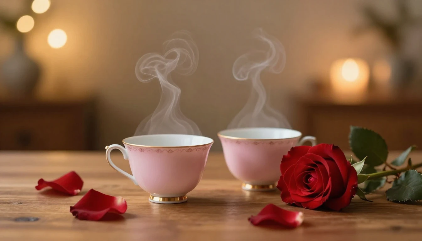 A serene and romantic scene featuring two delicate porcelain...