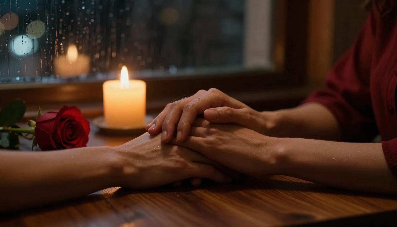 A cinematic close-up shot of two hands gently holding each o...