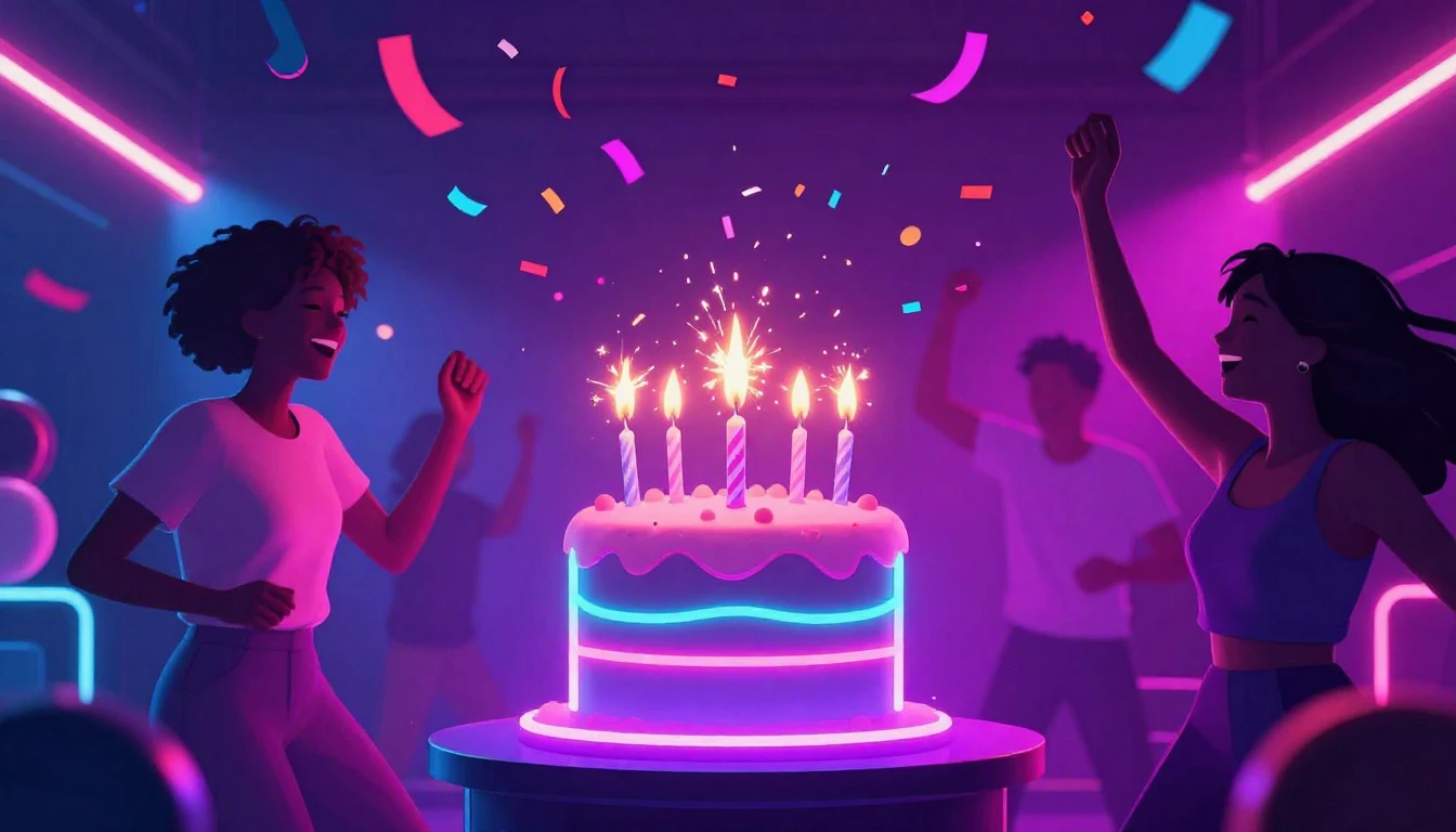 A vibrant and energetic birthday party scene, glowing neon l...