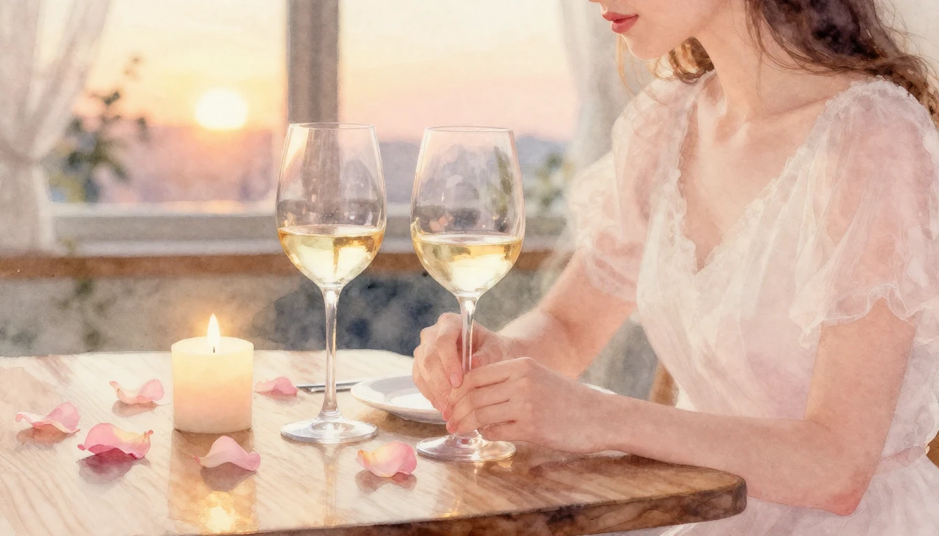 A beautiful watercolor painting of a cozy, romantic dinner s...