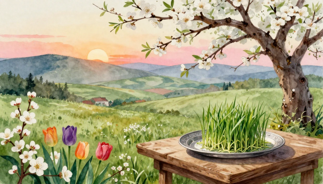 A vibrant watercolor painting of a lush green landscape at d...