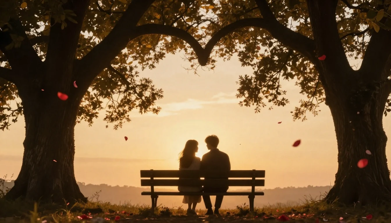 A romantic and dreamy scene featuring two silhouettes sittin...