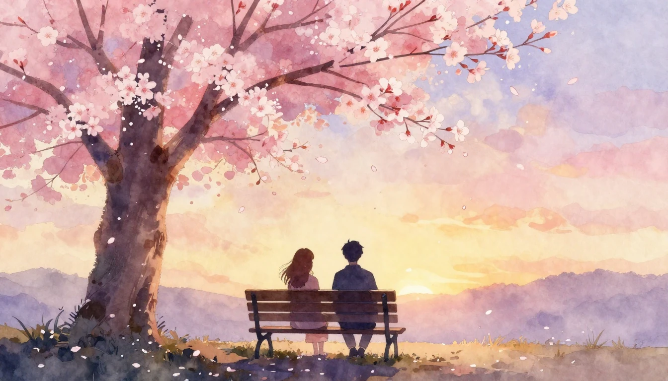 A soft watercolor painting of two silhouettes sitting on a b...