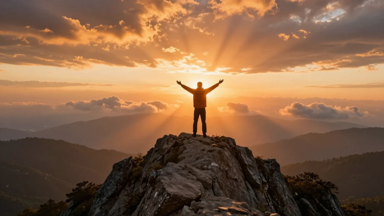 A lone triumphant figure standing at the peak of a high rock...