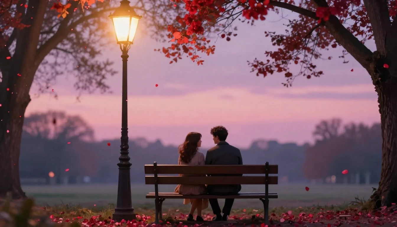 A romantic and soft composition depicting a couple sitting o...