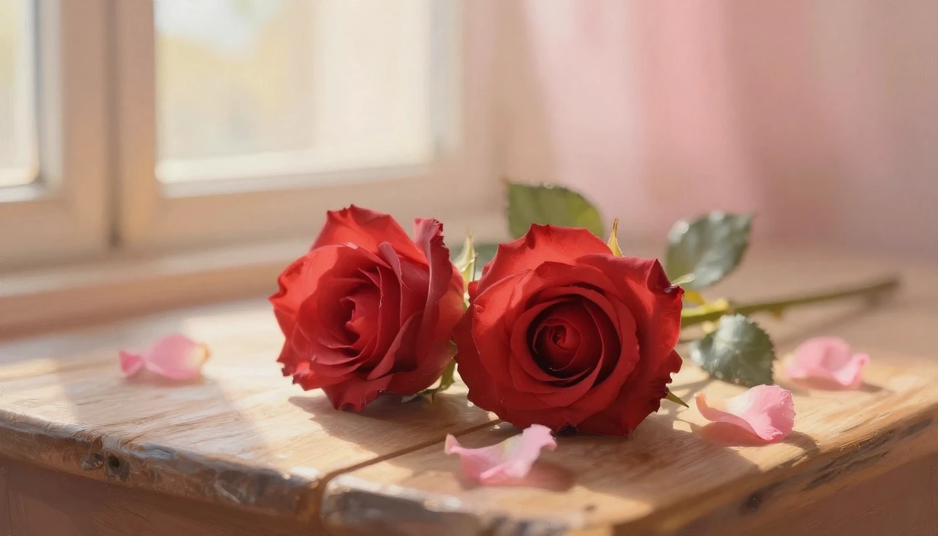 A delicate and ethereal painting of two intertwined red rose...