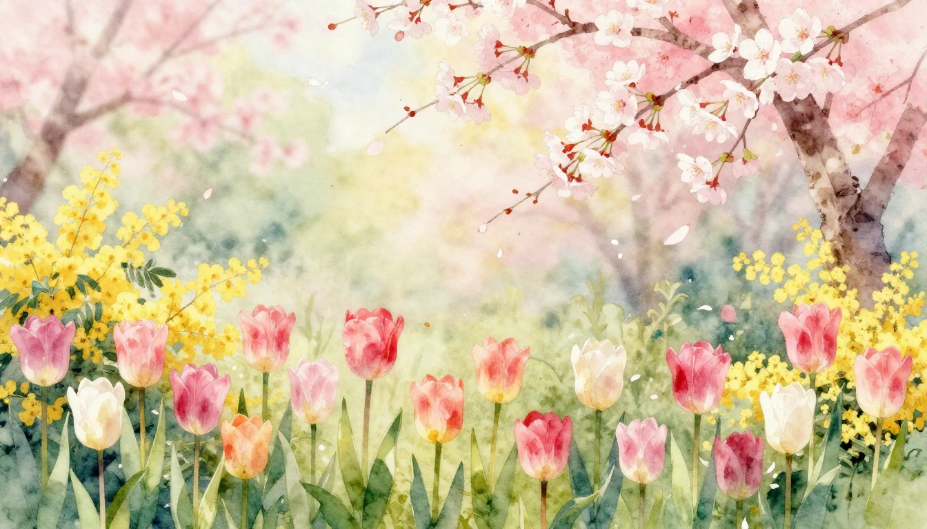 A beautiful watercolor painting of a lush spring garden fill...