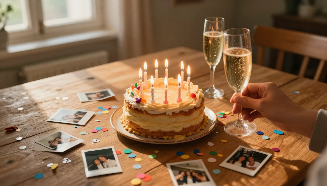 A warm and inviting birthday celebration scene viewed from a...