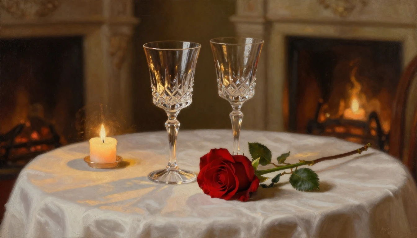 An exquisite oil painting of two elegant crystal glasses and...