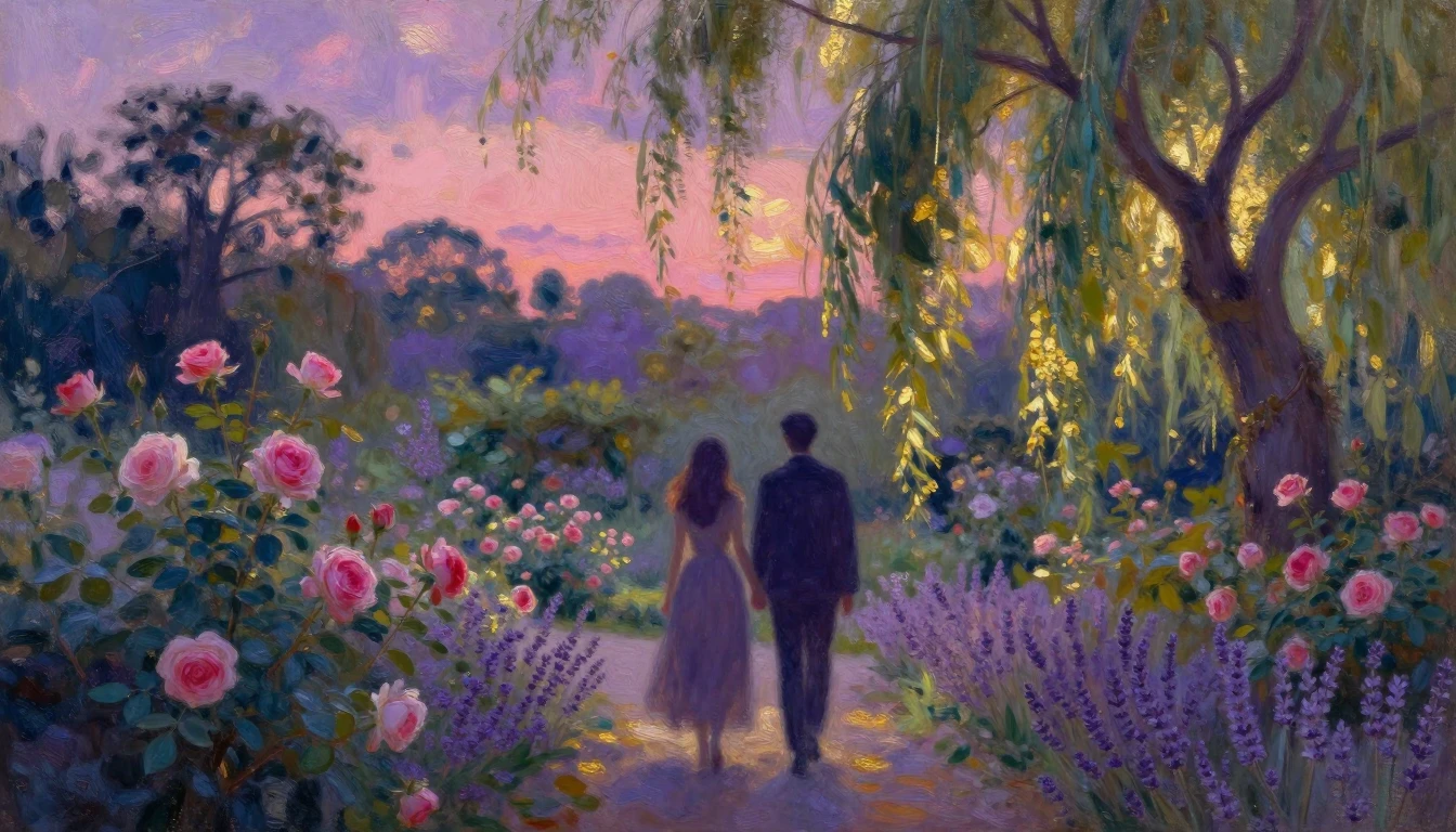 An impressionist painting of a serene garden at twilight. Tw...