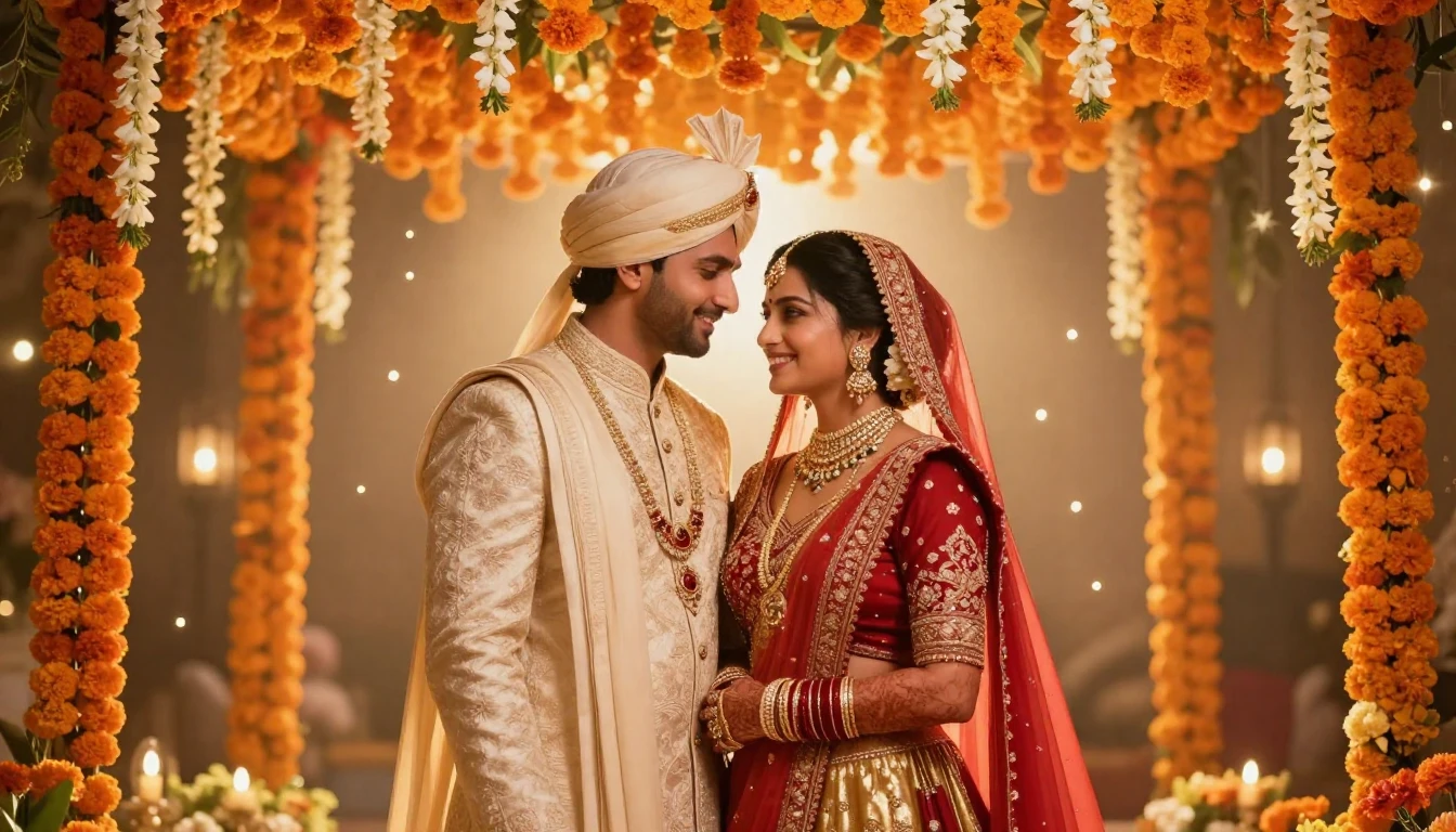 A stunning digital art illustration of a newlywed Indian cou...