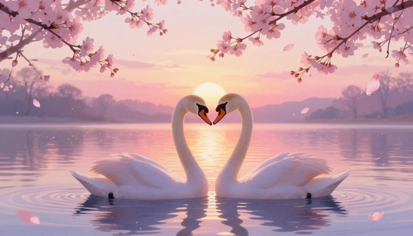 A dreamlike and romantic scene featuring two elegant silhoue...