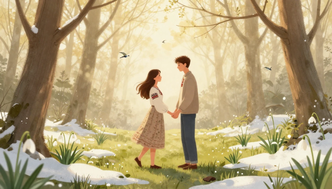 A soft and romantic illustration of a young couple holding h...
