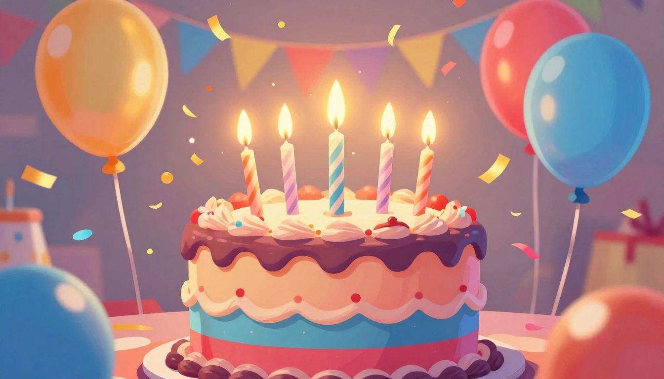 A vibrant and festive birthday illustration featuring a larg...