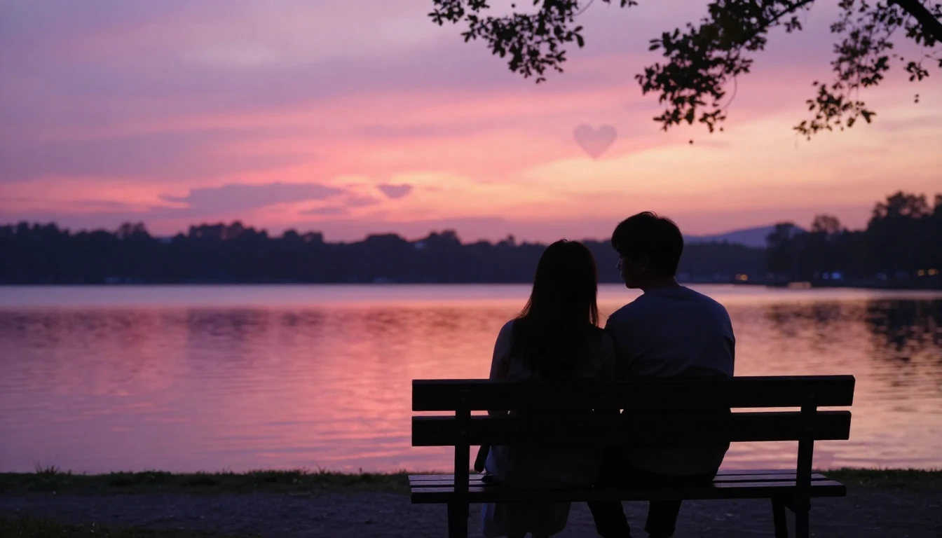 A romantic and dreamy scene depicting two silhouettes sittin...