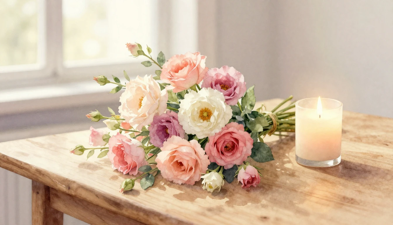 A beautiful, warm watercolor painting of a bouquet of bloomi...