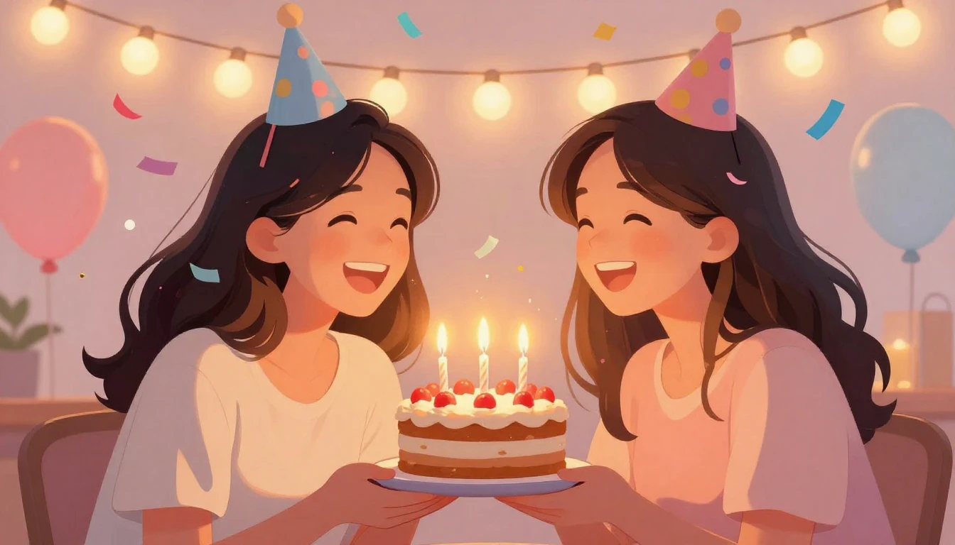 A heartwarming illustration of a birthday celebration. Two b...