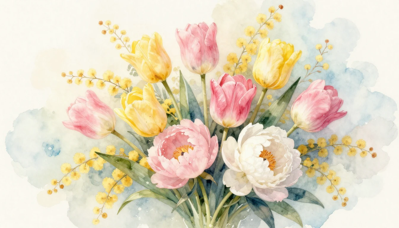 A delicate watercolor painting of a lush bouquet featuring t...