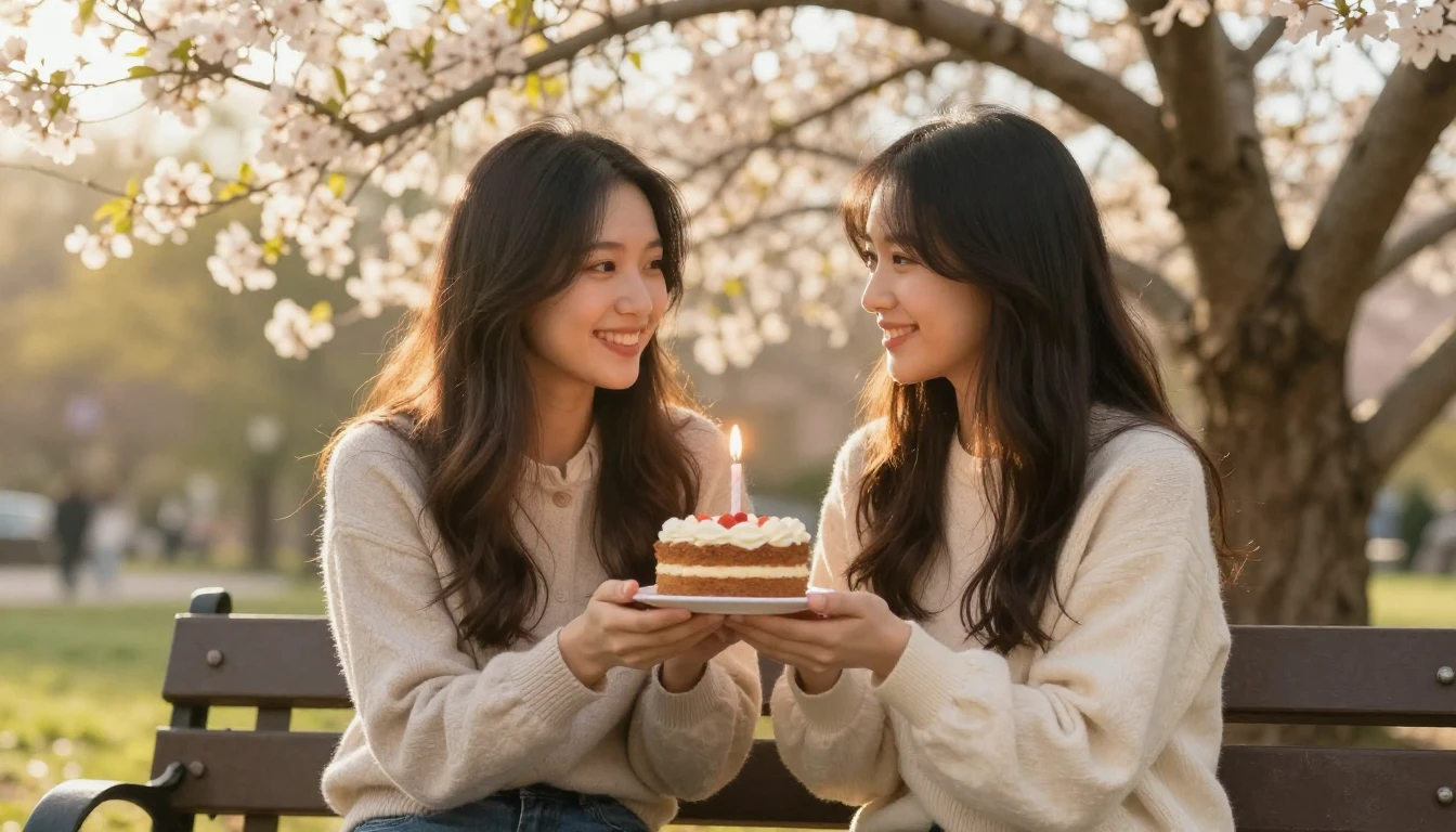 Two best friends sitting on a park bench under a blooming tr...