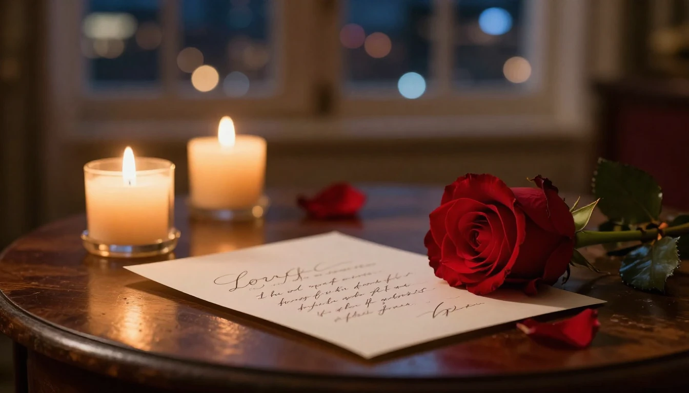 A cinematic close-up shot of a romantic evening setting insi...