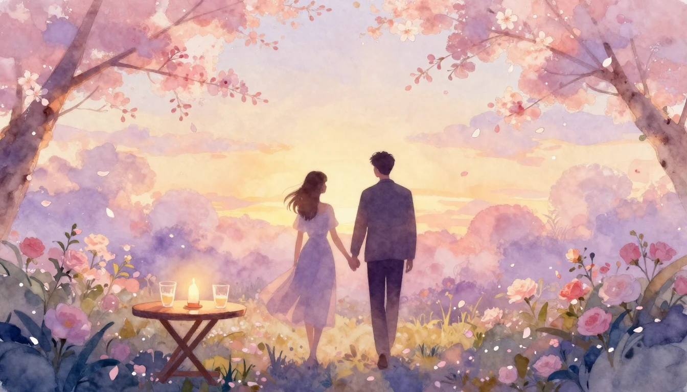 A dreamy watercolor painting of two silhouettes walking hand...