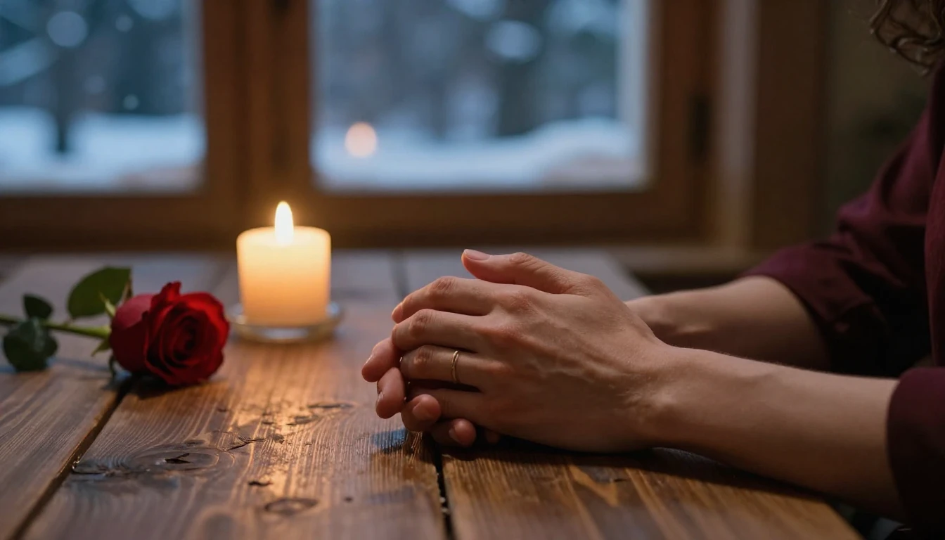 A cinematic close-up shot of two hands gently holding each o...