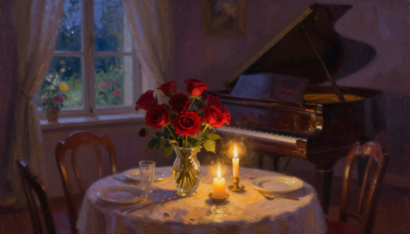 An impressionist oil painting of a cozy, dimly lit room with...