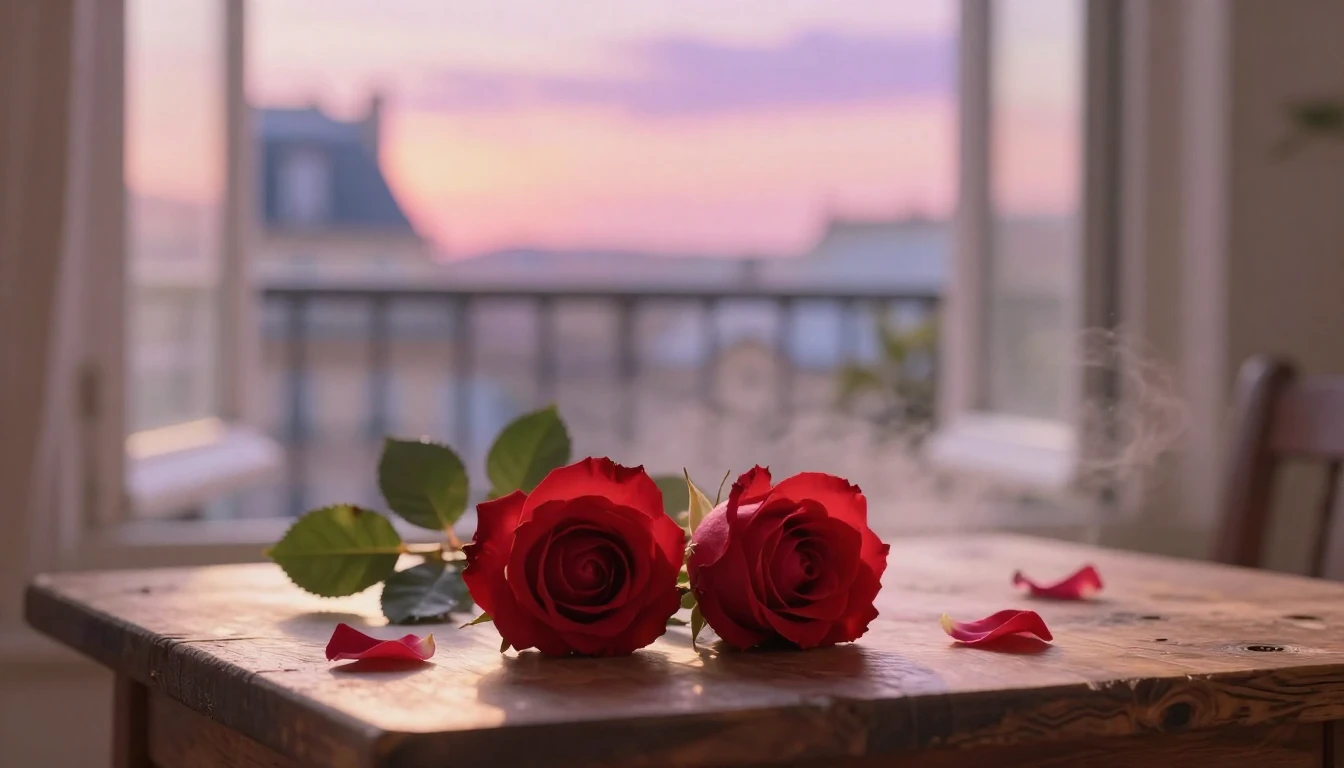 A dreamy and ethereal scene of two delicate red roses intert...