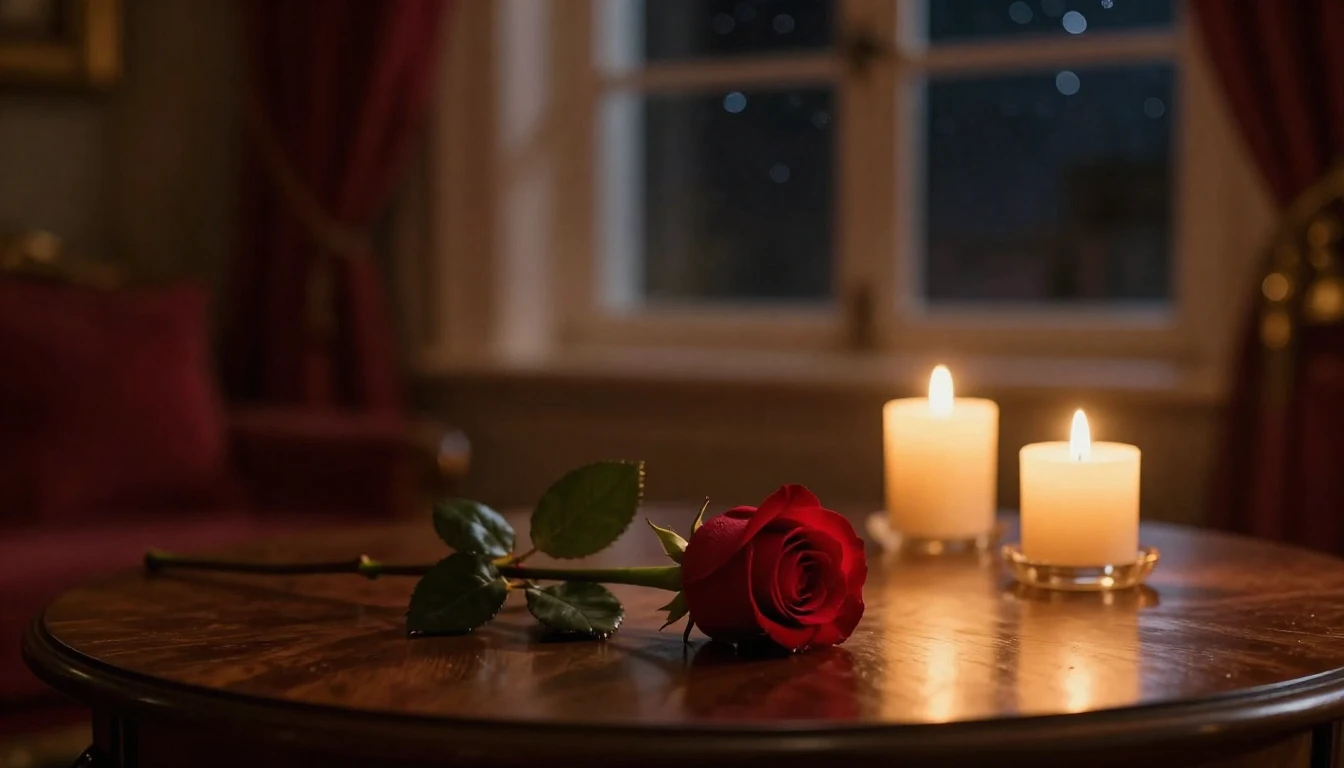 A high-quality cinematic shot of a cozy, dimly lit room. In ...