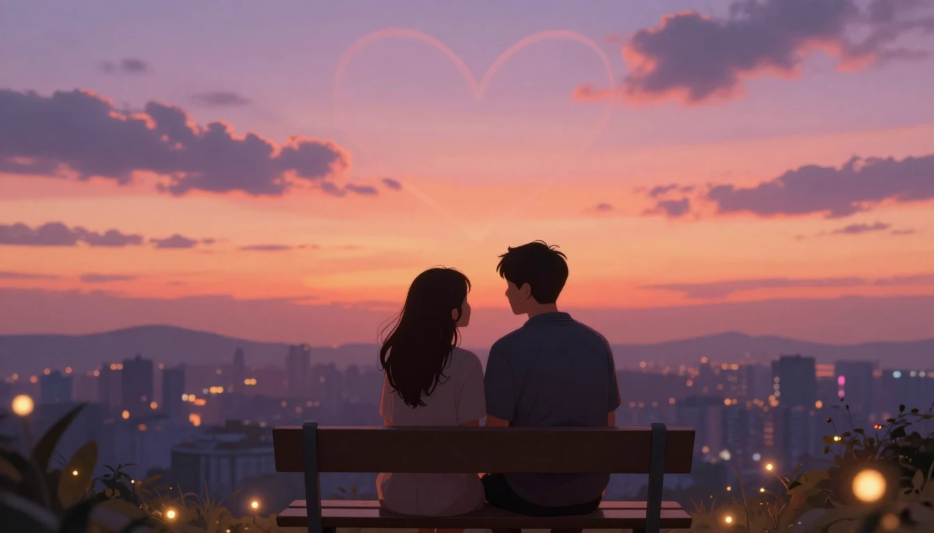 A romantic and dreamy illustration of a couple sitting on a ...