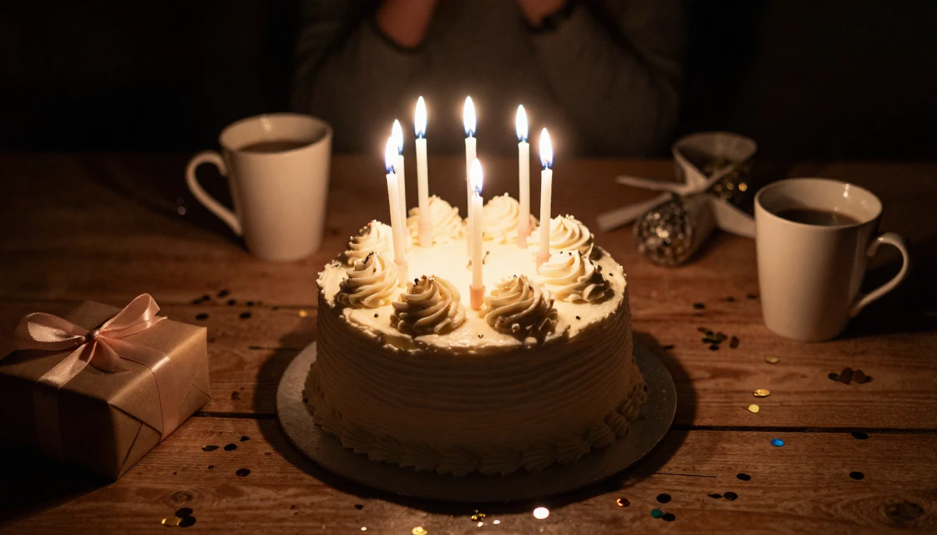 A beautifully decorated birthday cake with glowing candles o...