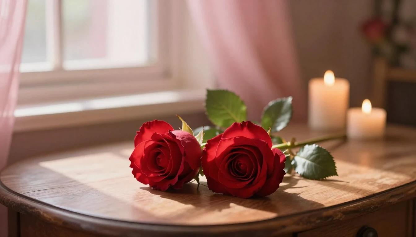 A beautiful and delicate scene featuring two intertwined red...