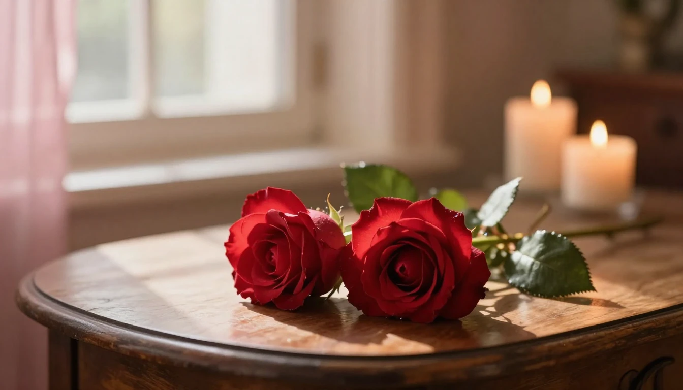 A beautiful and delicate scene featuring two intertwined red...